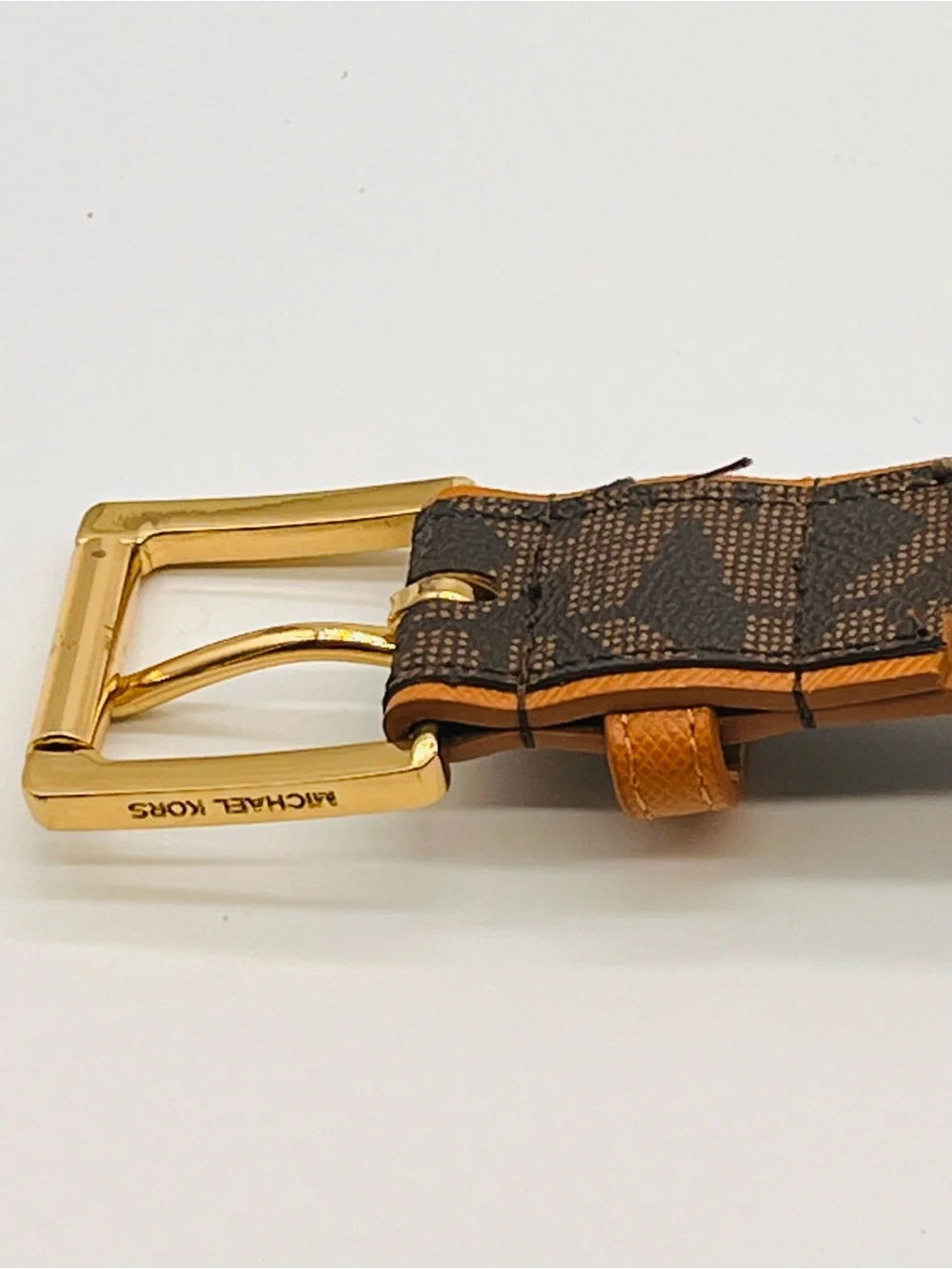 Michael Kors Brown Logo Canvas Saffiano Belt Tan Trim Gold Buckle Women's Small